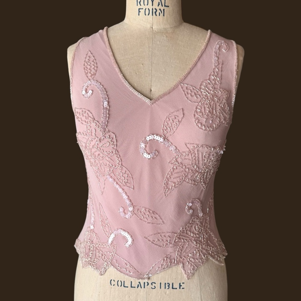 Vintage Silk Beaded Pink Embroidery Tank Top